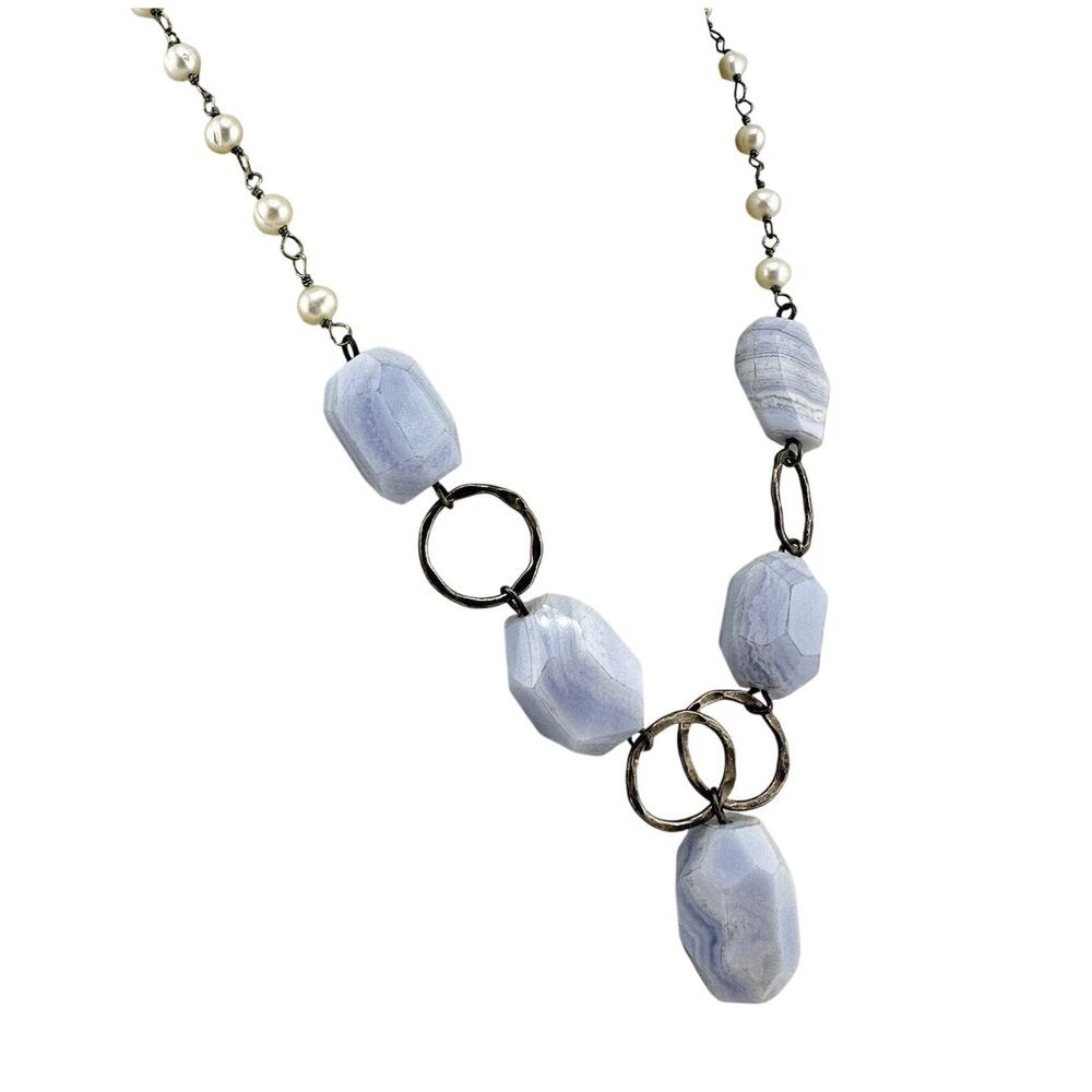 925 Sterling Silver Genuine Freshwater Pearl Blue Lace Agate Bead 16.5” Necklace